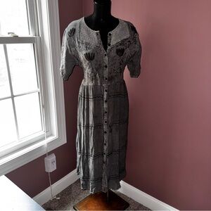 Mahaden Boho Embroidered Button Front Dress Washed Gray Flowy | M/L